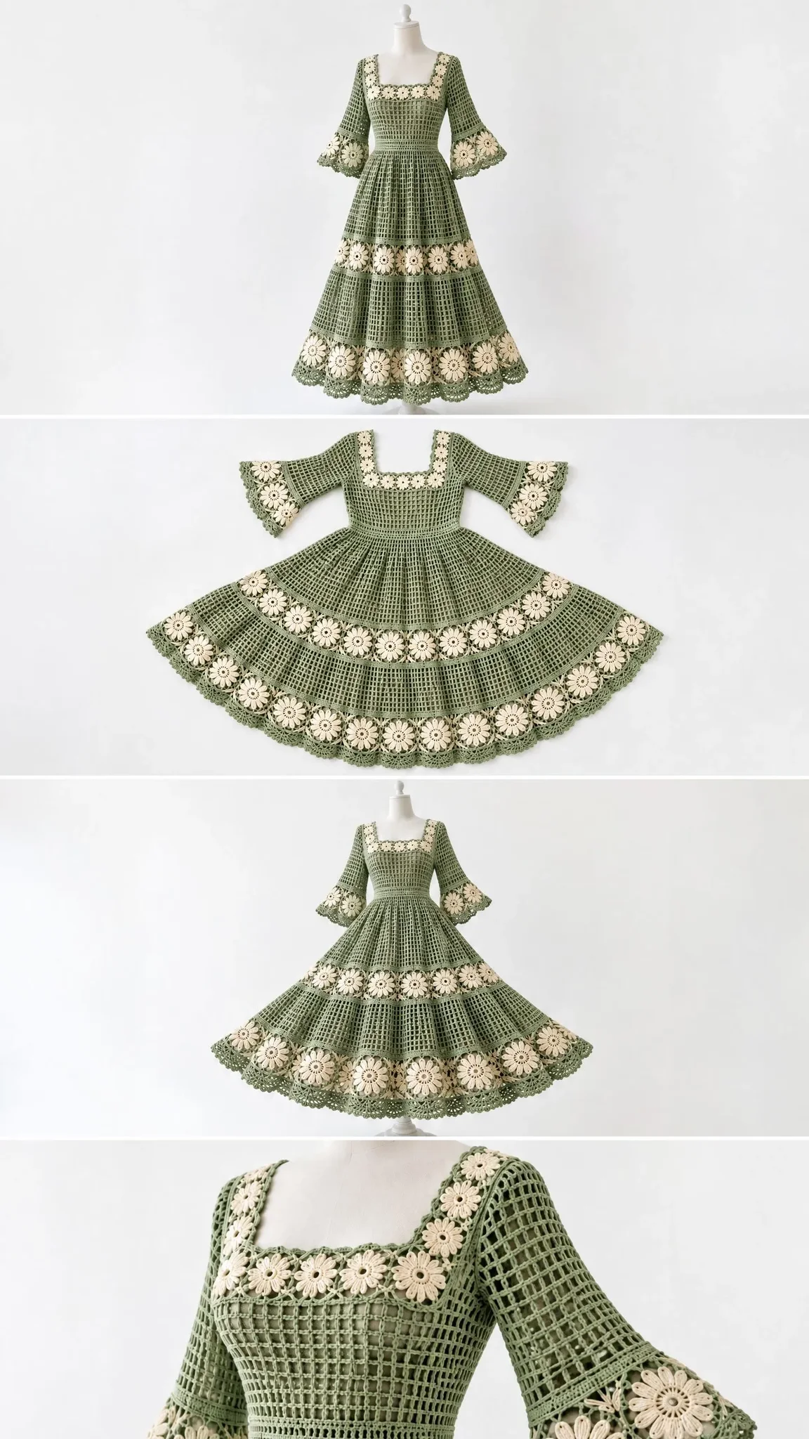 Elegant crochet dress in sage green cotton with ivory floral trim, scalloped hem edge, and romantic bell sleeves