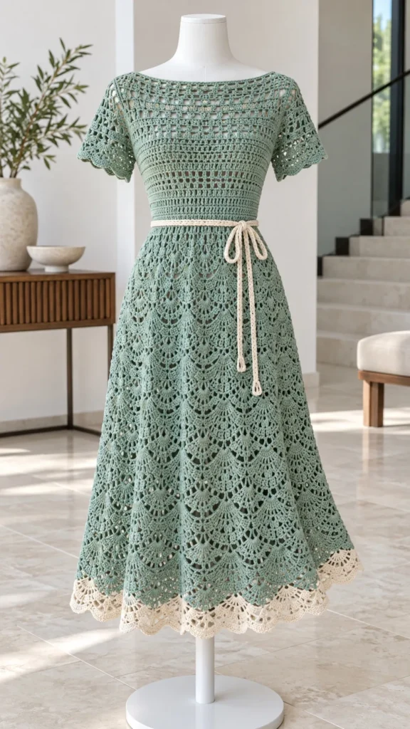 Seafoam green crochet midi dress with shell stitch pattern, ivory hem border, and slim tie belt displayed on dress form