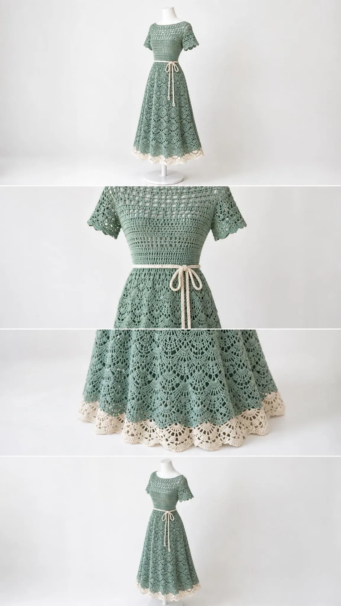 Elegant crocheted midi dress featuring fan stitch texture, gathered waist, and contrasting ivory scalloped hemline