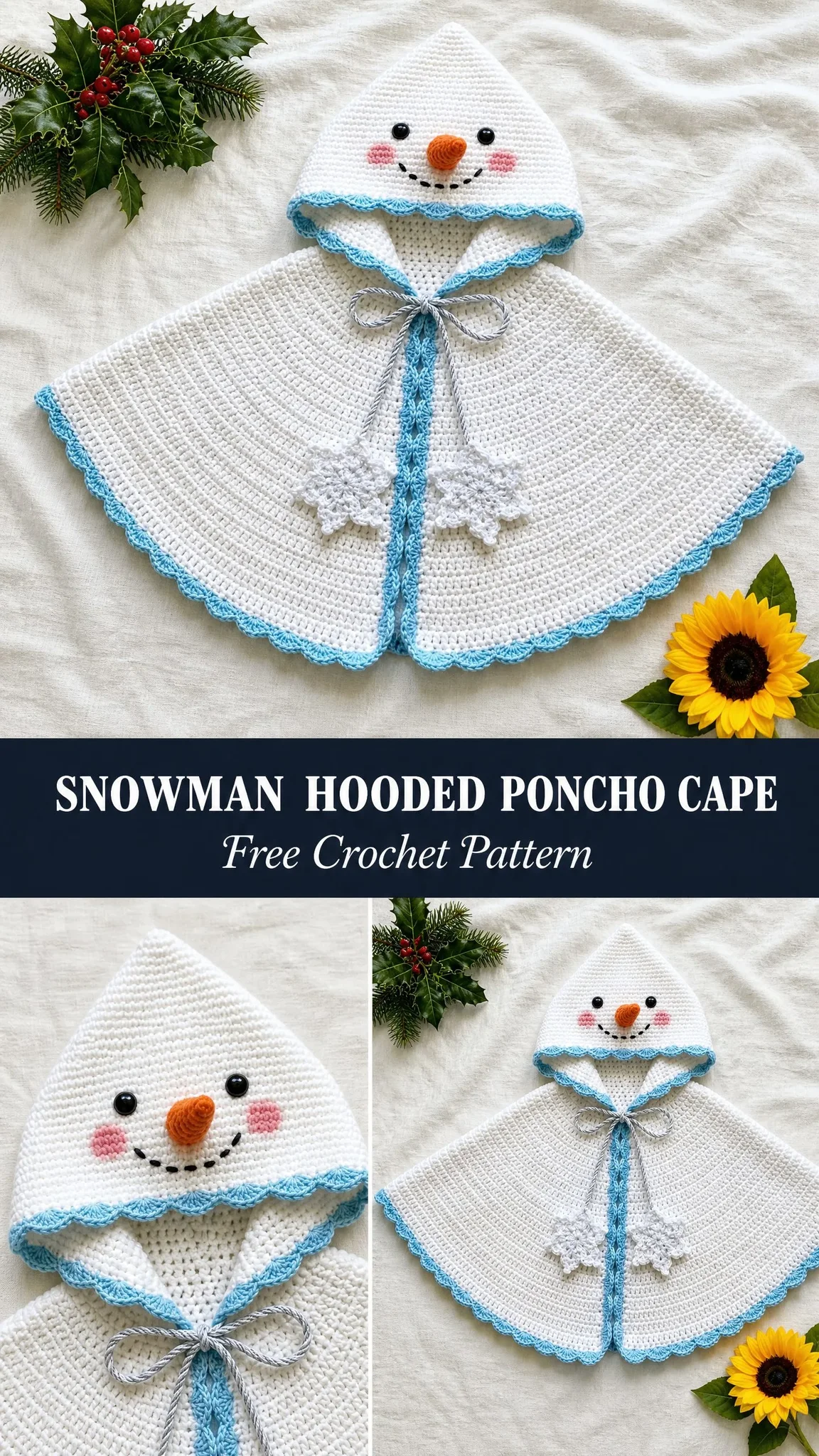 Snowman Hooded Poncho Cape Free Crochet Pattern