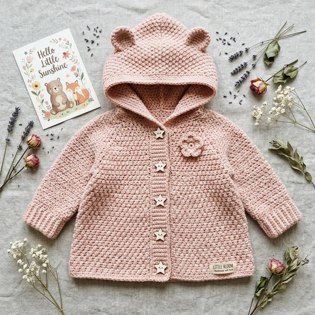 Soft Pink Bear Ear Hooded Baby Coat Free Crochet Pattern