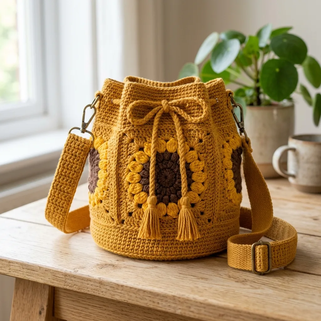 Sunflower Granny Square Bucket Bag Free Crochet Pattern
