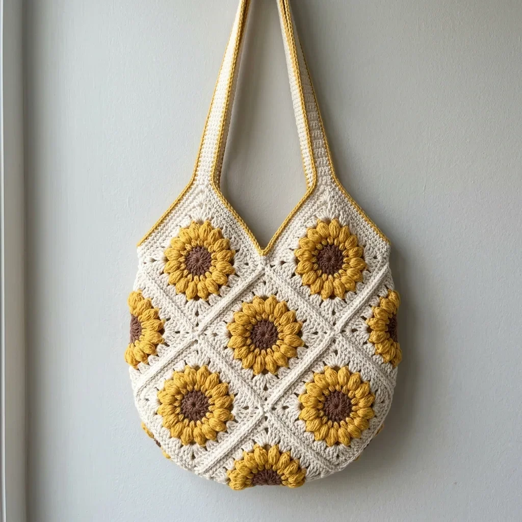 Sunflower Granny Square Market Bag Free Crochet Pattern
