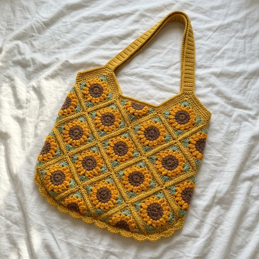 Sunflower Granny Square Mustard Tote Free Crochet Pattern