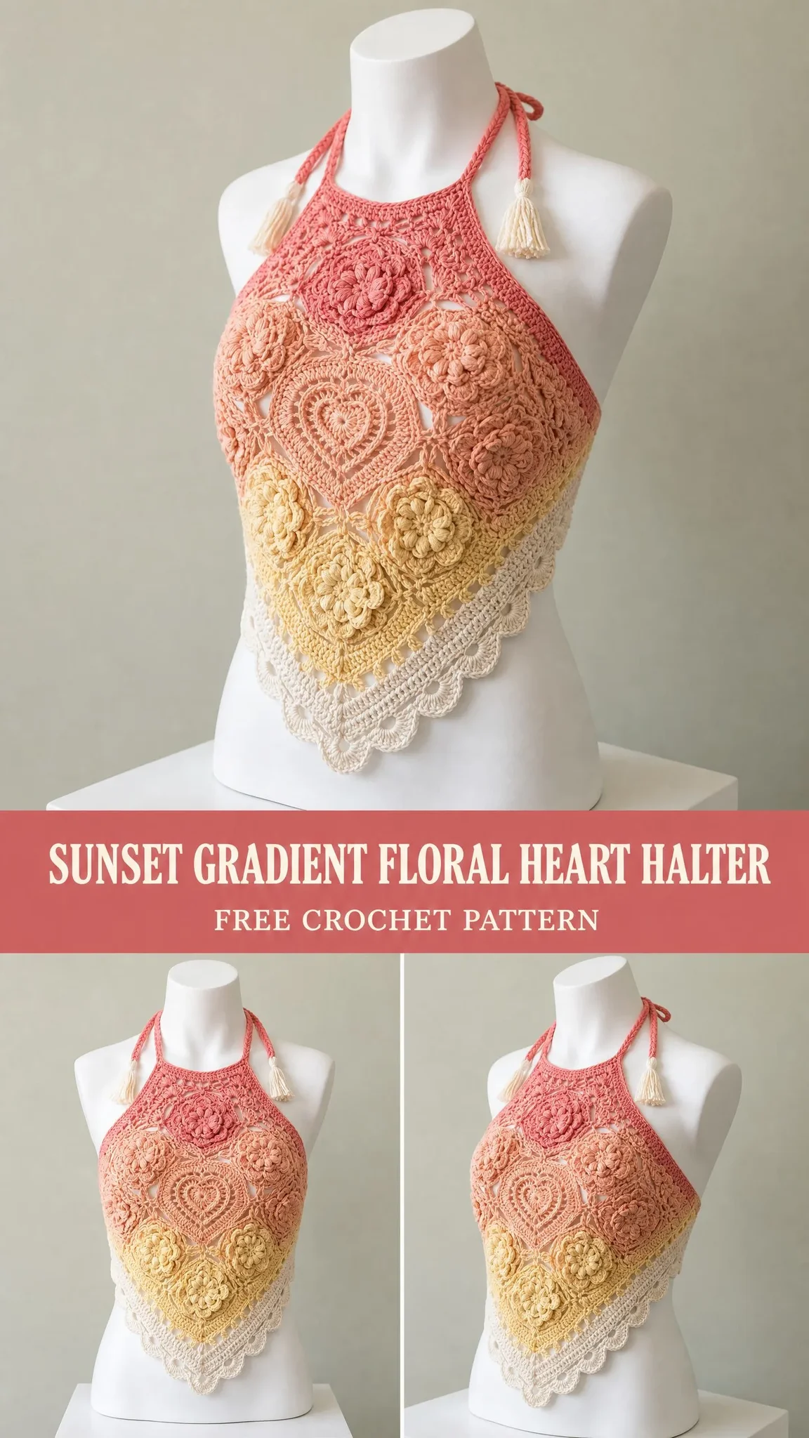 Sunset Gradient Floral Heart Halter Free Crochet Pattern