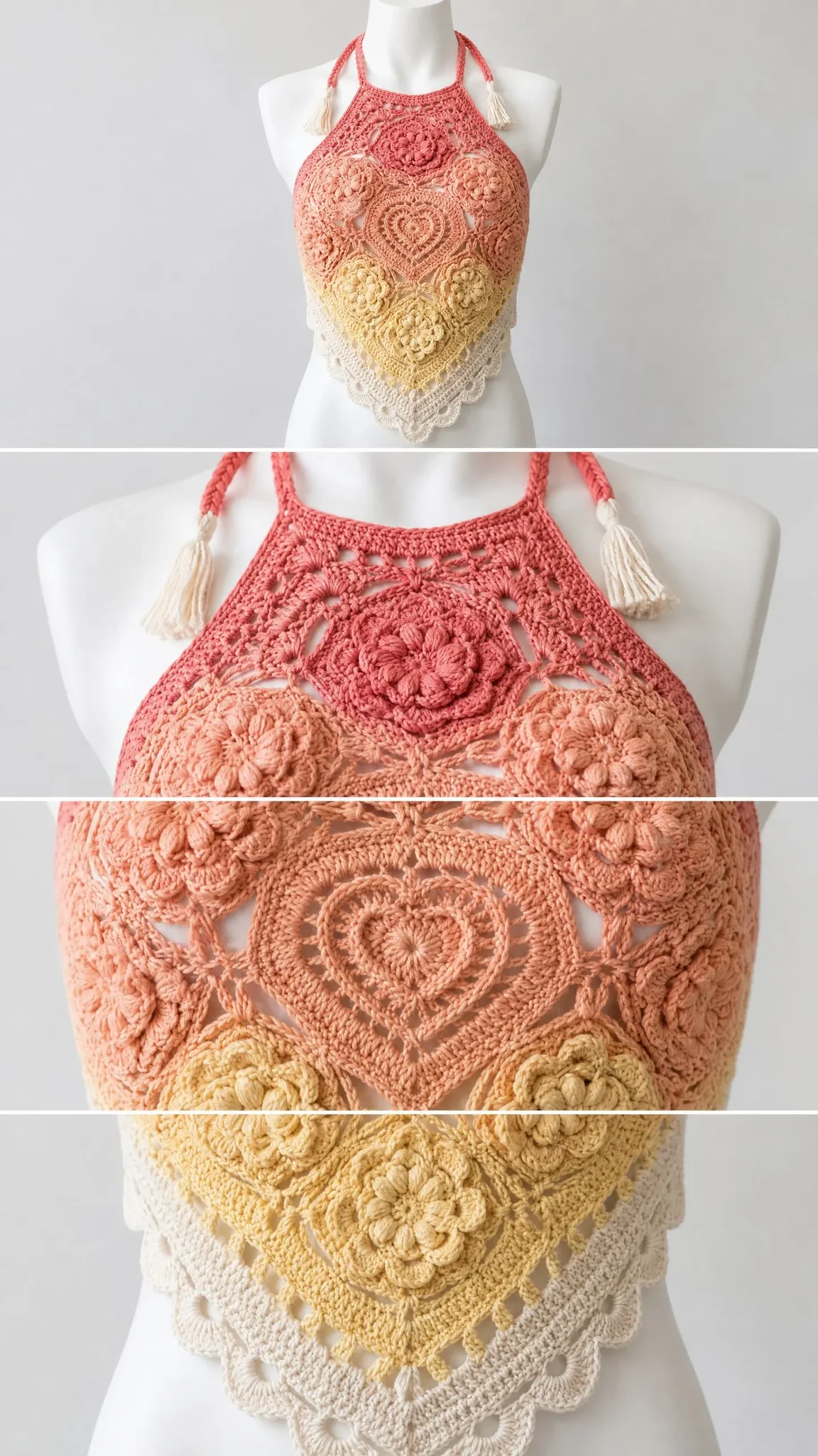 Sunset Gradient Floral Heart Halter Free Crochet Pattern