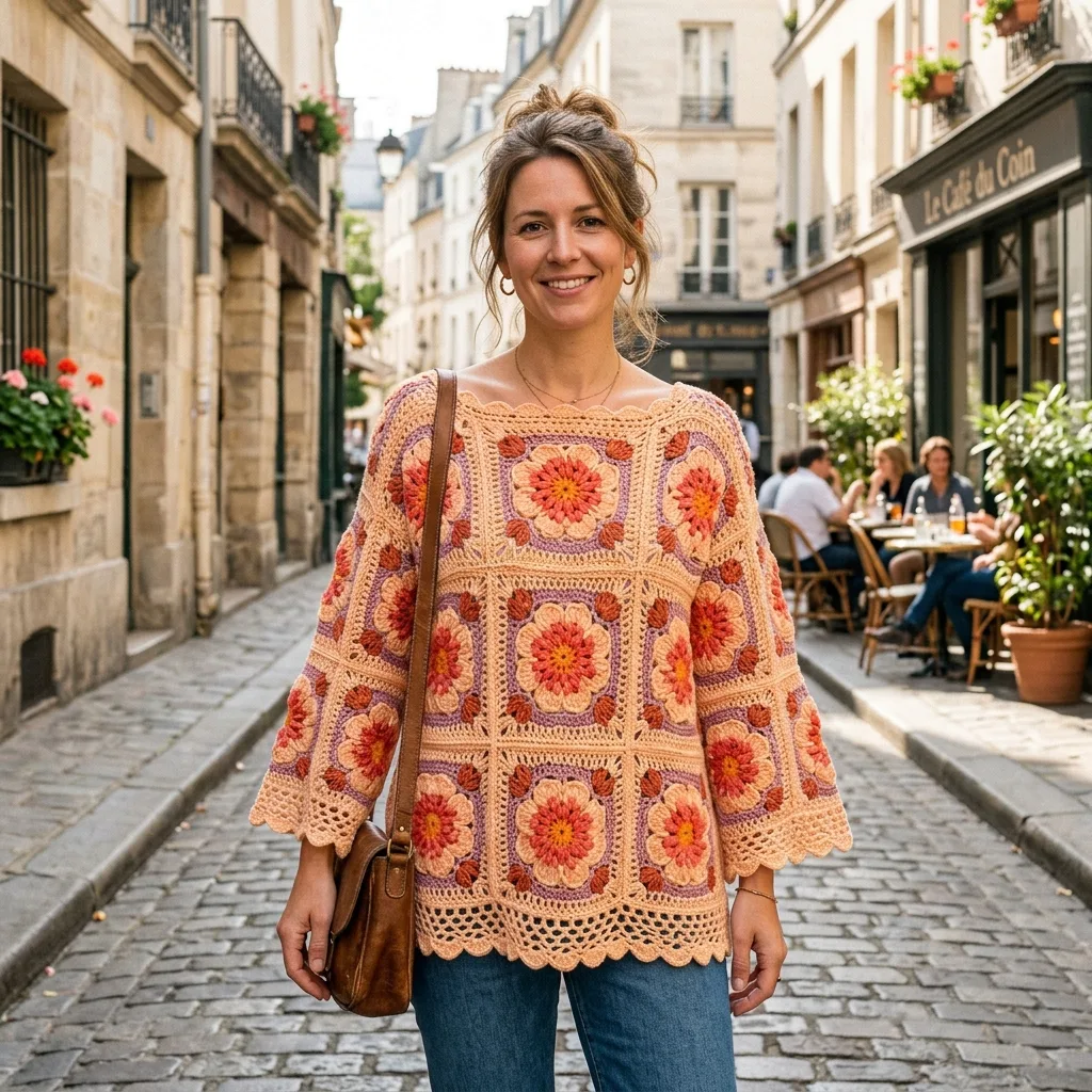 Sunset Ombre Floral Square Poncho Free Crochet Pattern