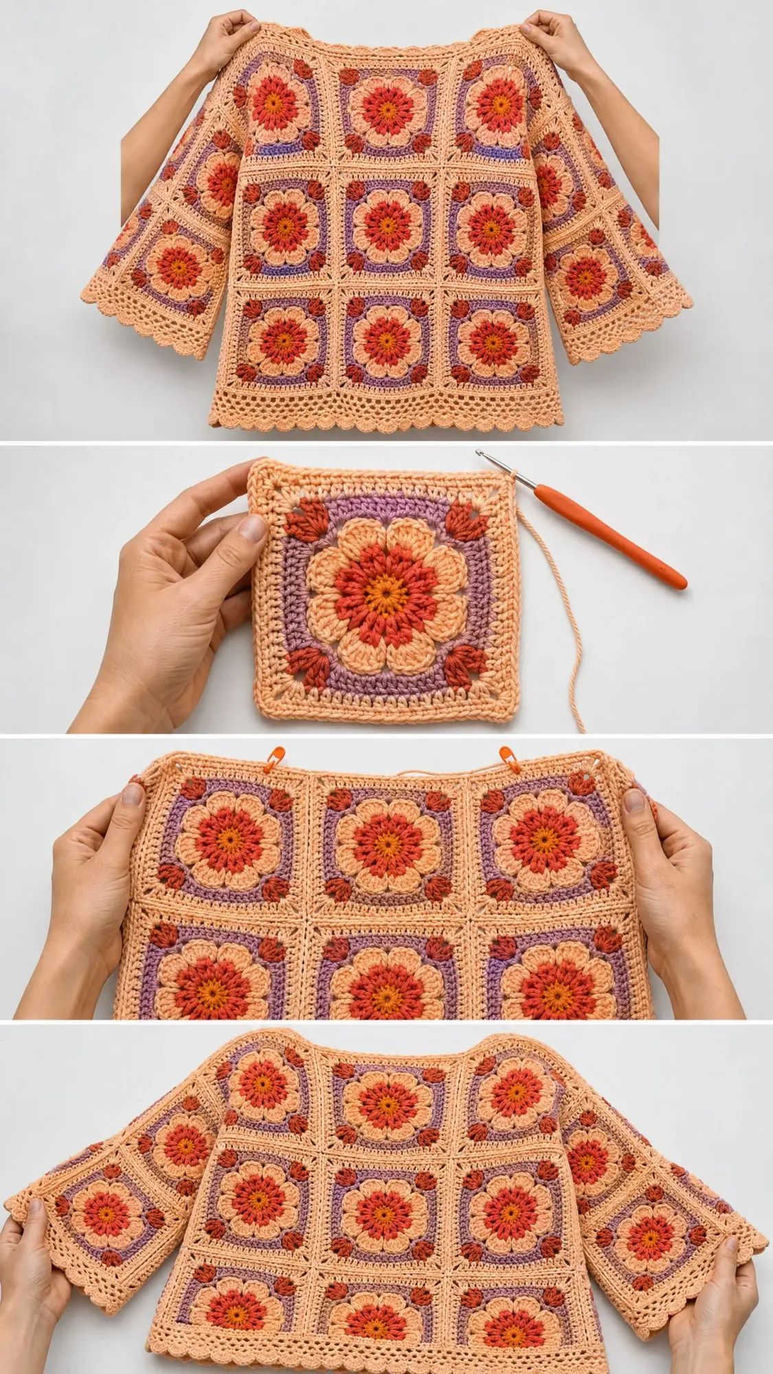 Sunset Ombre Floral Square Poncho Free Crochet Pattern
