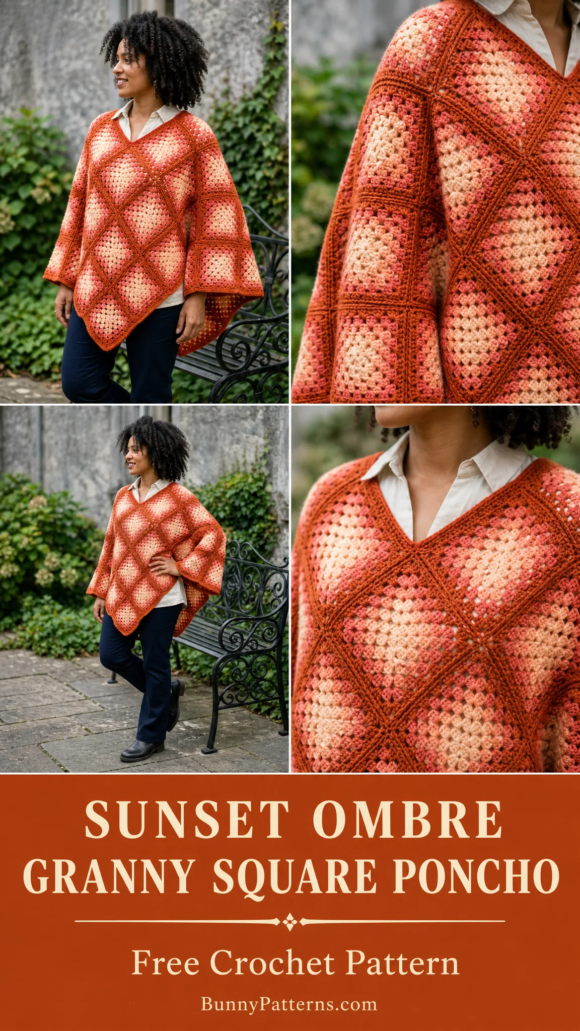 Sunset Ombre Granny Square Poncho Free Crochet Pattern