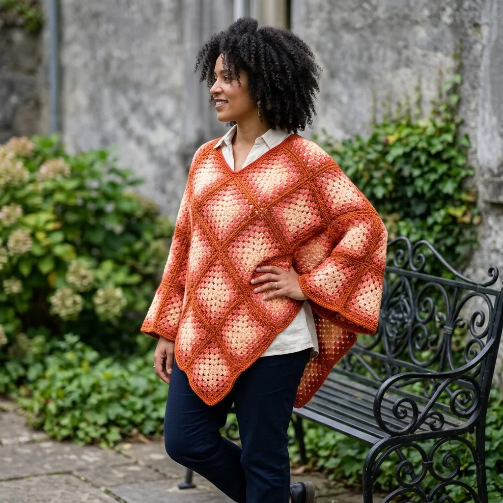 Sunset Ombre Granny Square Poncho Free Crochet Pattern