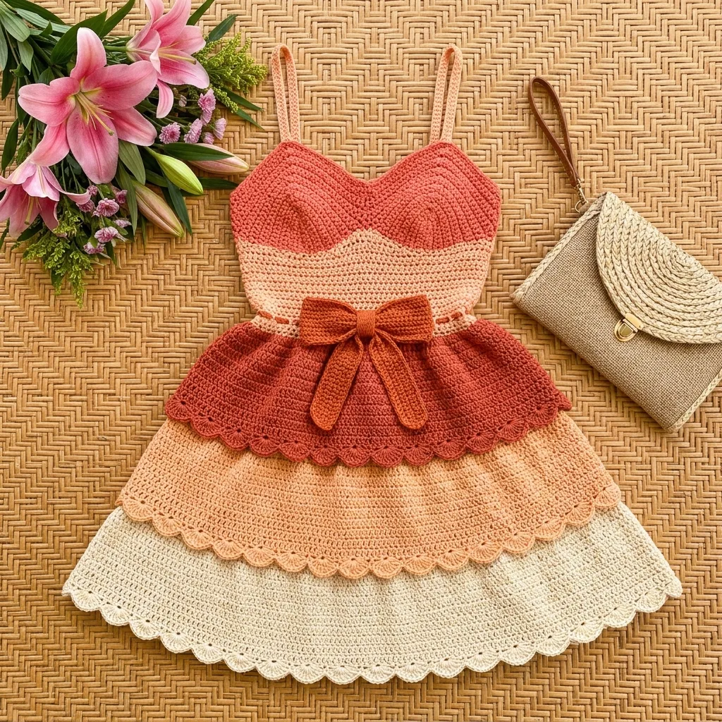 Sunset Ombre Tiered Ruffle Dress Free Crochet Pattern