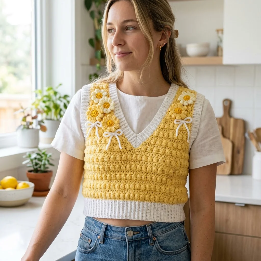 Sunshine Daisy Bow Crochet Vest Free Crochet Pattern
