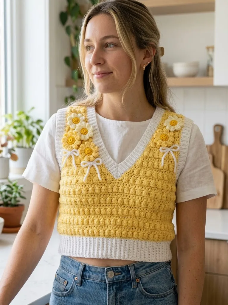 Sunshine Daisy Bow Crochet Vest Free Crochet Pattern