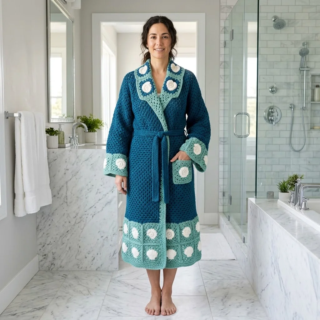 Teal Ocean Wave Crochet Robe Free Pattern
