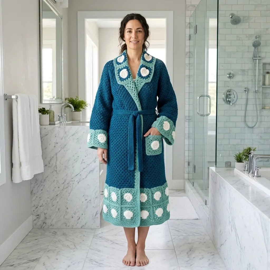 Teal Ocean Wave Crochet Robe Free Pattern