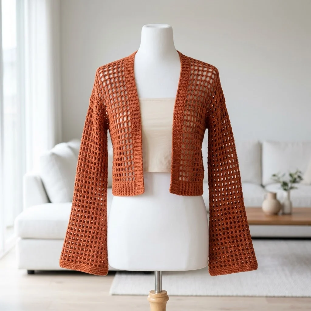 Terracotta Mesh Crochet Flared Sleeve Shrug Pattern