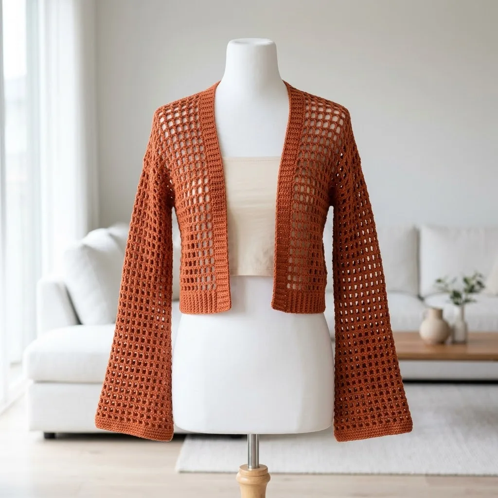 Terracotta Mesh Crochet Flared Sleeve Shrug Pattern