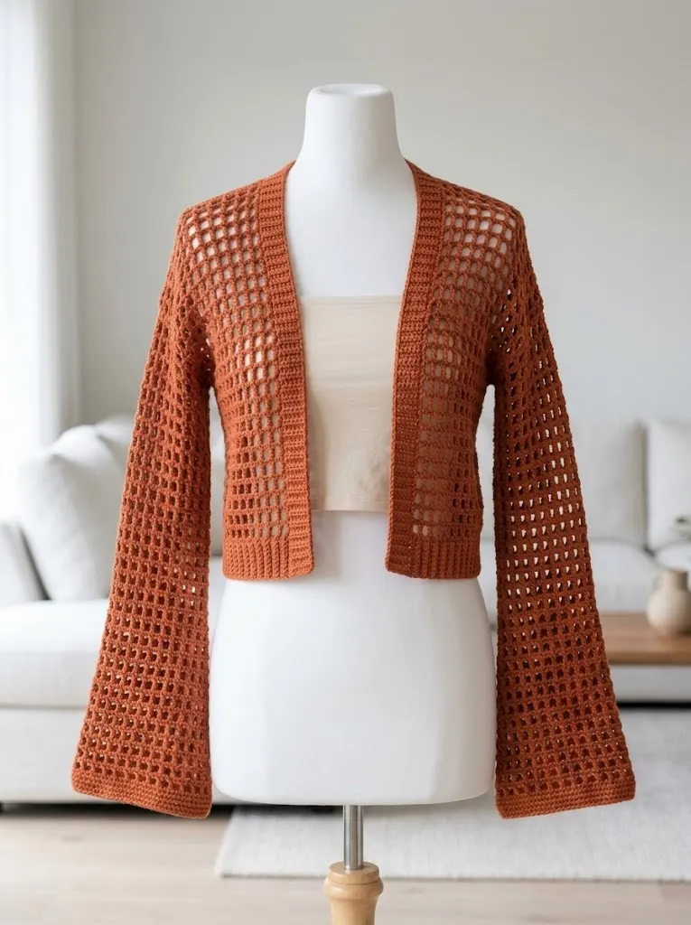 Terracotta Mesh Crochet Flared Sleeve Shrug Pattern