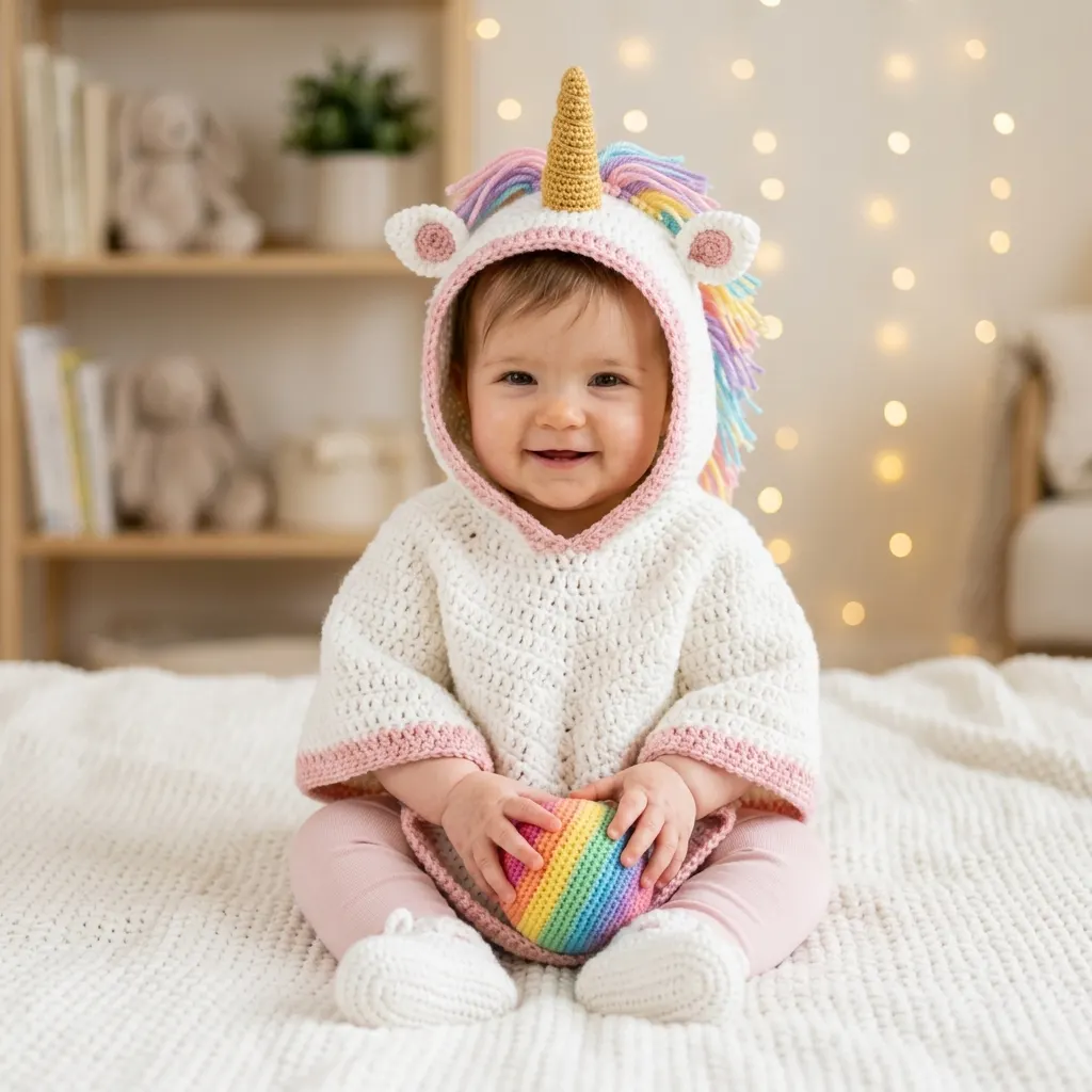 Unicorn Rainbow Hooded Baby Poncho Free Crochet Pattern